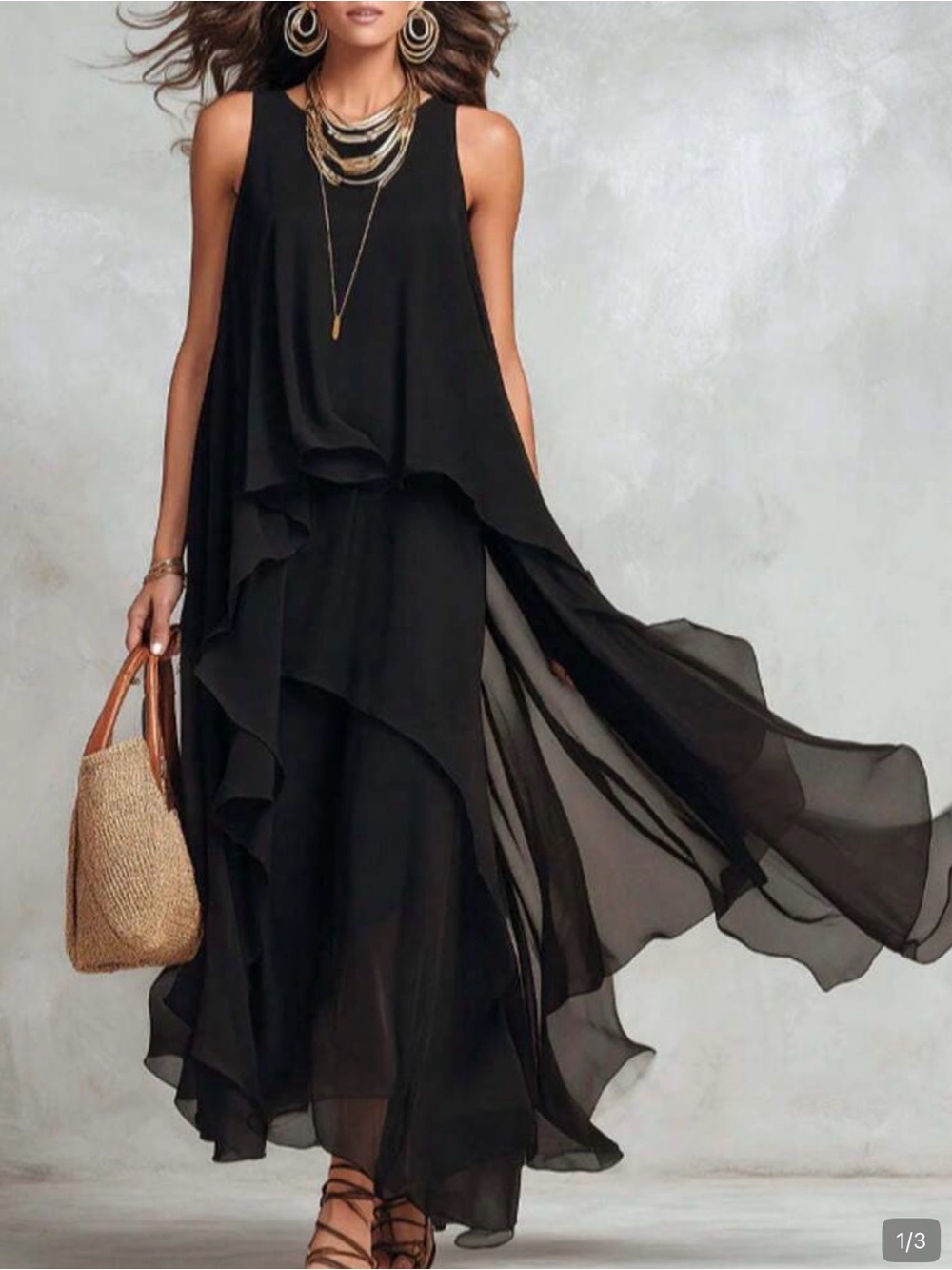 SHEIN Black Sleeveless Layered Chiffon Maxi Dress